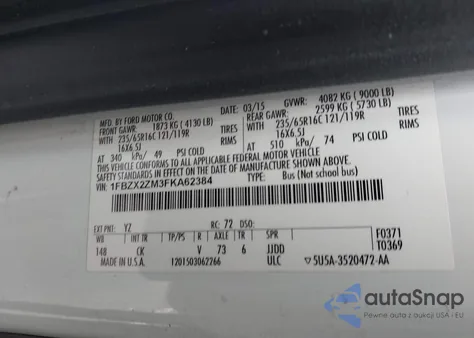 2015 Ford Transit-350 Xlt from USA, damaged, VIN 1FBZX2ZM3FKA62384